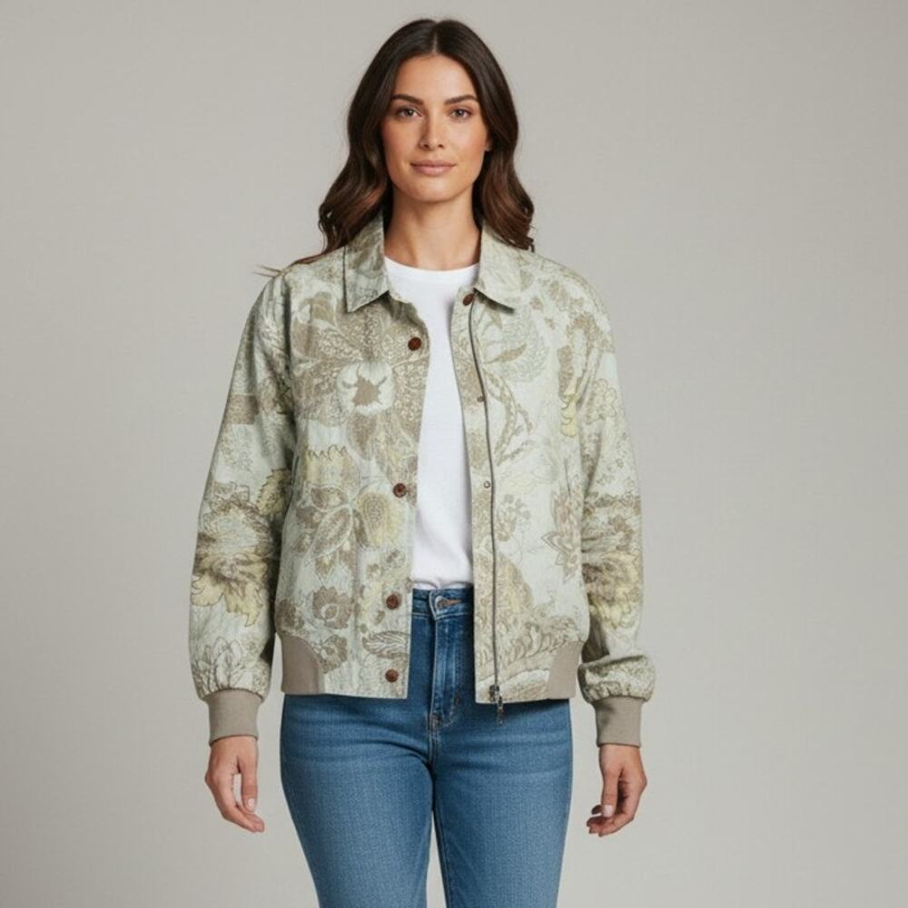 10 L Bomber Jacket Coat Paisley/Floral Jacquard Soft Green Sage Women's LUX